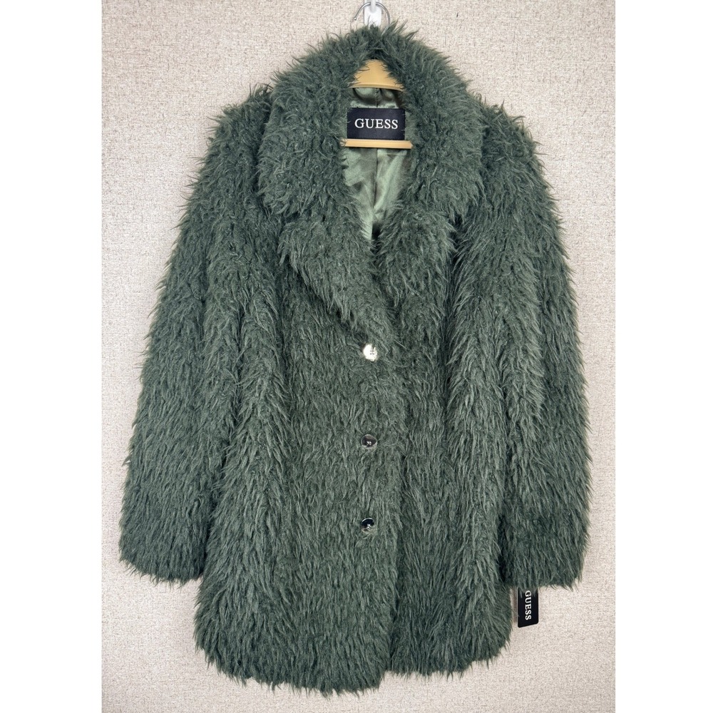 Guess Green Shaggy Faux Fur Coat Long Pile Oversized Collar Lined Size XL NWT